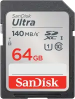 SanDisk Ultra SDXC UHS-I Speicherkarte 64 GB (Für Kompaktkameras der Einstiegs- und Mittelklasse, Full HD-Videos, U1, C10,V10, bis 140 MB/s Lesegeschwindigkeit, 10 Jahre Garantie)