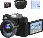 CCN Digitalkamera 4K 48MP, Fotokamera mit 180° Flip 3.0" Bildschirm, 16X Digitalzoom Kompaktkamera, 64GB TF-Karte, mit Macro Linse und Weitwinkel Linse, WiFi-Funktionalität, Upgrade-Version, Schwarz