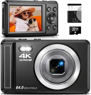 Digitalkamera 4K 64MP, 2.8 Zoll UHD Autofokus Kamera fotokamera, 32GB Karte & Ak