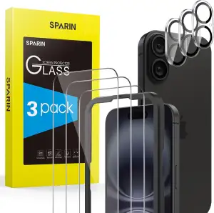 SPARIN für iPhone 16 Panzer Schutz Glas, 3 Stück Schutzfolie und 3 Stück Kameras