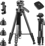 CAMBOFOTO 74"/188cm Aluminium Kamerastativ, Tragbar mit 360° Kugelkopf mit Handyhalter, 1/4 Universal-Schraubbefestigung Leichtes Stativ,Kompatibel mit DSLR Kamera/Smartphone,4kg Belastbar, Schwarz