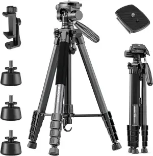 CAMBOFOTO 74"/188cm Aluminium Kamerastativ, Tragbar mit 360° Kugelkopf mit Handy