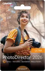 Cyberlink PhotoDirector 2026 Ultra - Leistungsstarkes Bildbearbeitungsprogramm Komplettes Fotostudio - Erstellt perpekte Fotocollage - Fotoshow - Dauerlizenz für Windows (ProduktKeyCard) #PKC