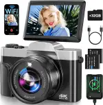 Digitalkamera, 4K 64MP Autofokus Kamera Fotokamera Mit WLAN, 3" 180° Klappbarer Bildschirm Digital Kamera mit 32GB Karte, Ladestation, 2 Akkus Fotoapparat Kompaktkamera für Anfänger Teenager -Schwarz